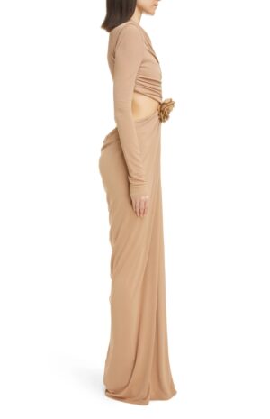 Cutout Waist Long Sleeve Jersey Gown